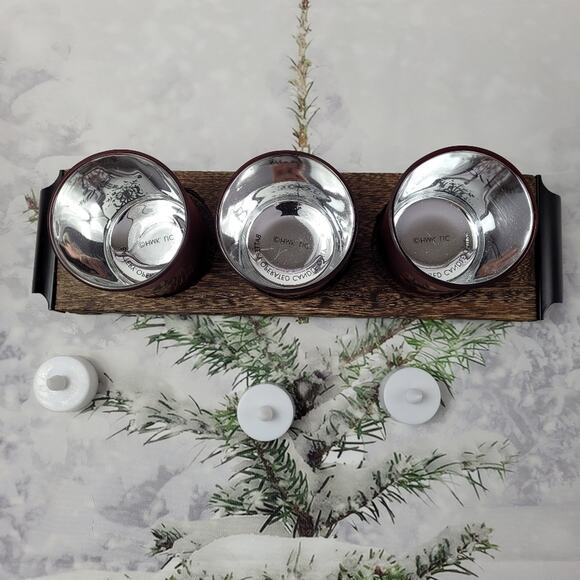 NWT Hallmark Faux Wood Tray with 3 Red Glass Snowflake Tealight Holders - Picture 5 of 11